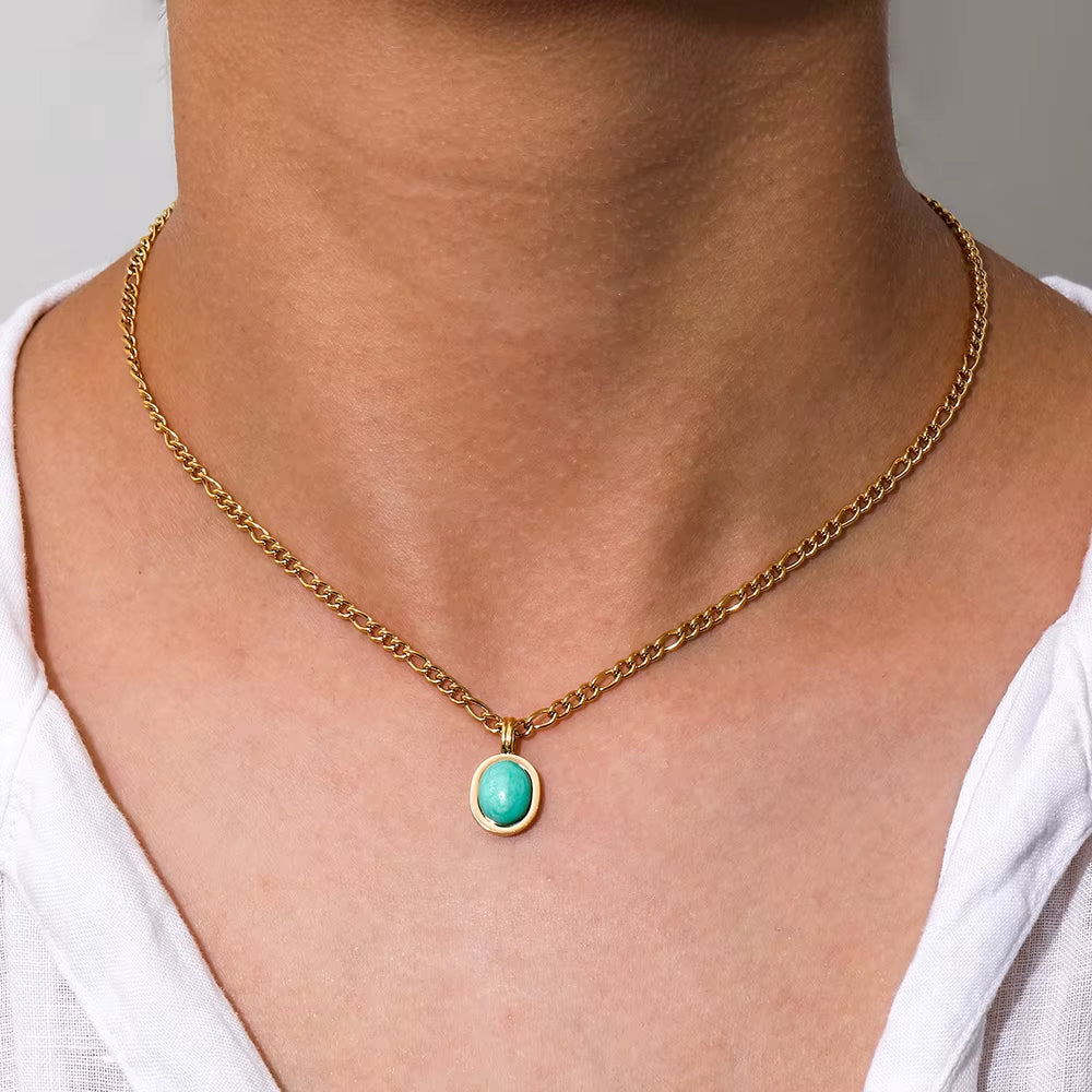 Joolim Jewelry 18K Gold Plated Blue Natural Stone Pendant Necklace Figaro Chain Necklace Trendy Stainless Steel