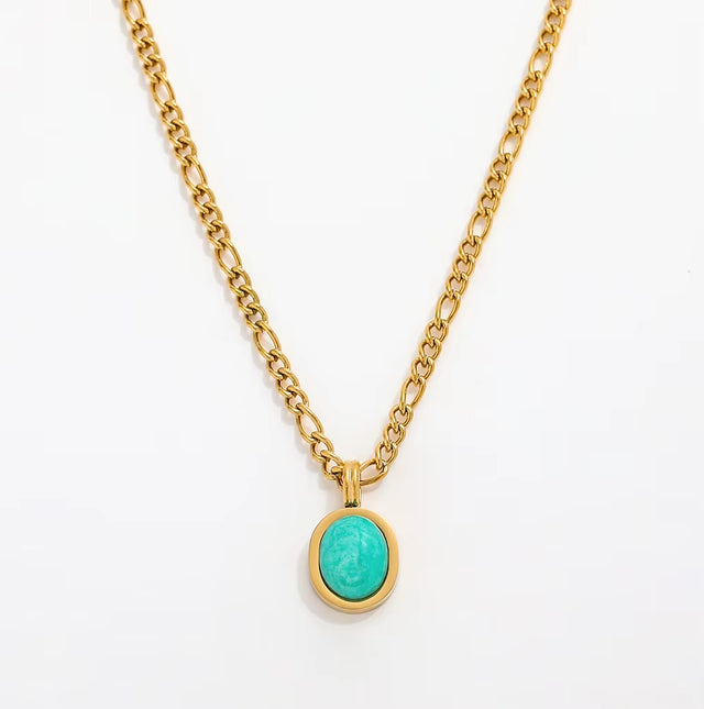 Joolim Jewelry 18K Gold Plated Blue Natural Stone Pendant Necklace Figaro Chain Necklace Trendy Stainless Steel