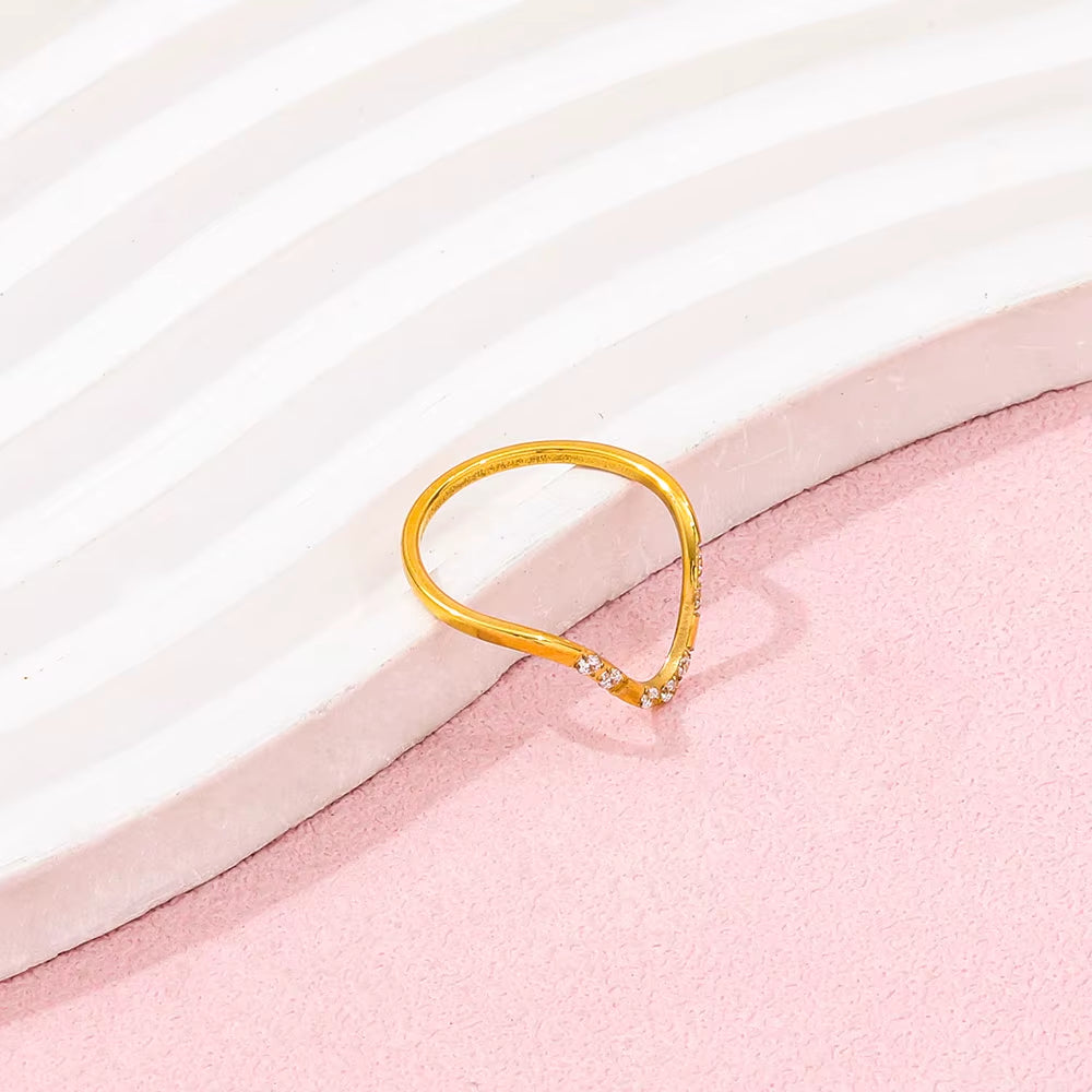 Joolim Jewelry Wholesale 18K Gold Plated Dainty 8 Zirconia CNC Inlay Waved Lines Stainless Steel Ring for Women Gift