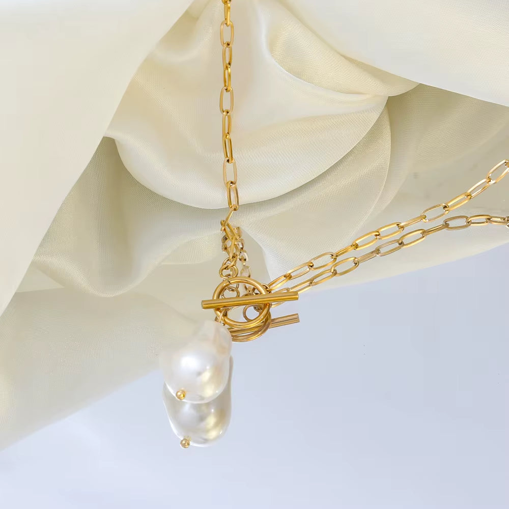 Joolim Jewelry 18K Gold Plated Shell Baroque Pearl Pendant Toggle Paper Pin Necklace Stainless Steel Jewelry