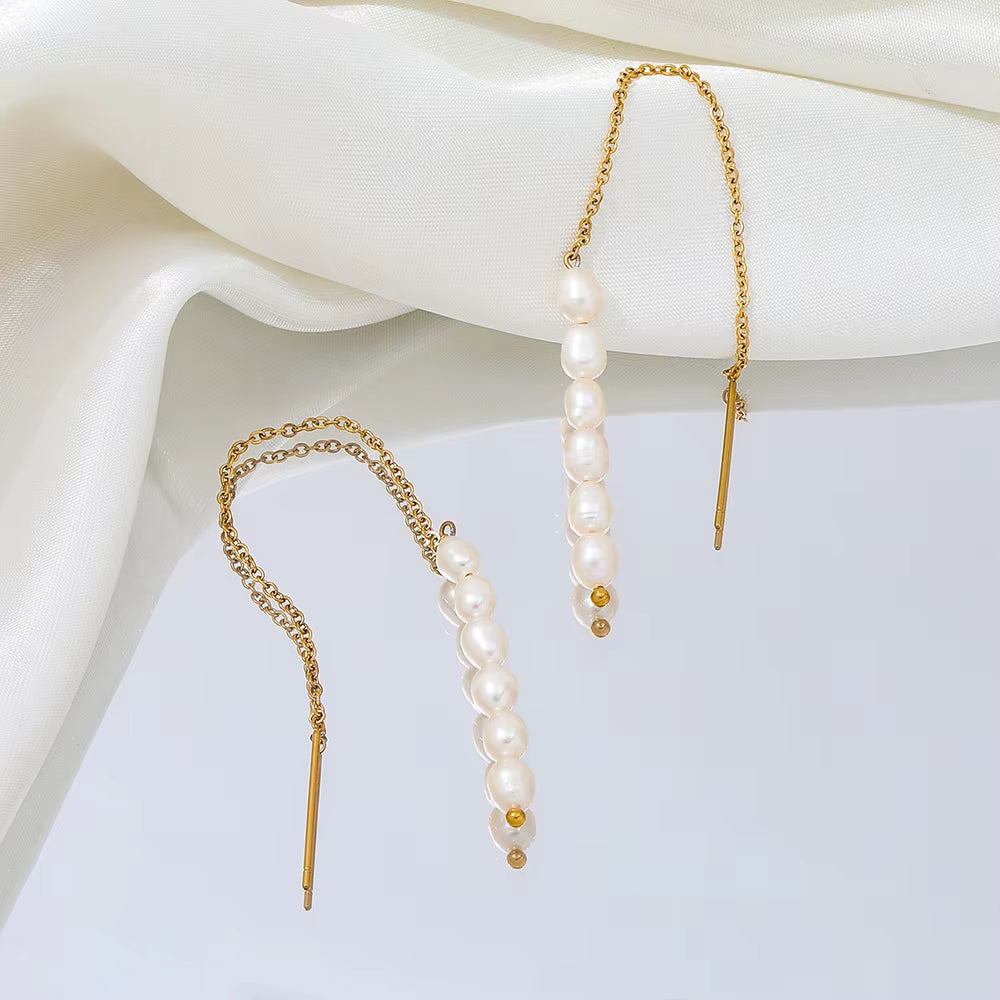 New Trendy Earring 18K Gold Plated Pearl Chain Tassel Drop Earrings for Women Stainless Steel Wholesale Piercing Jewelry