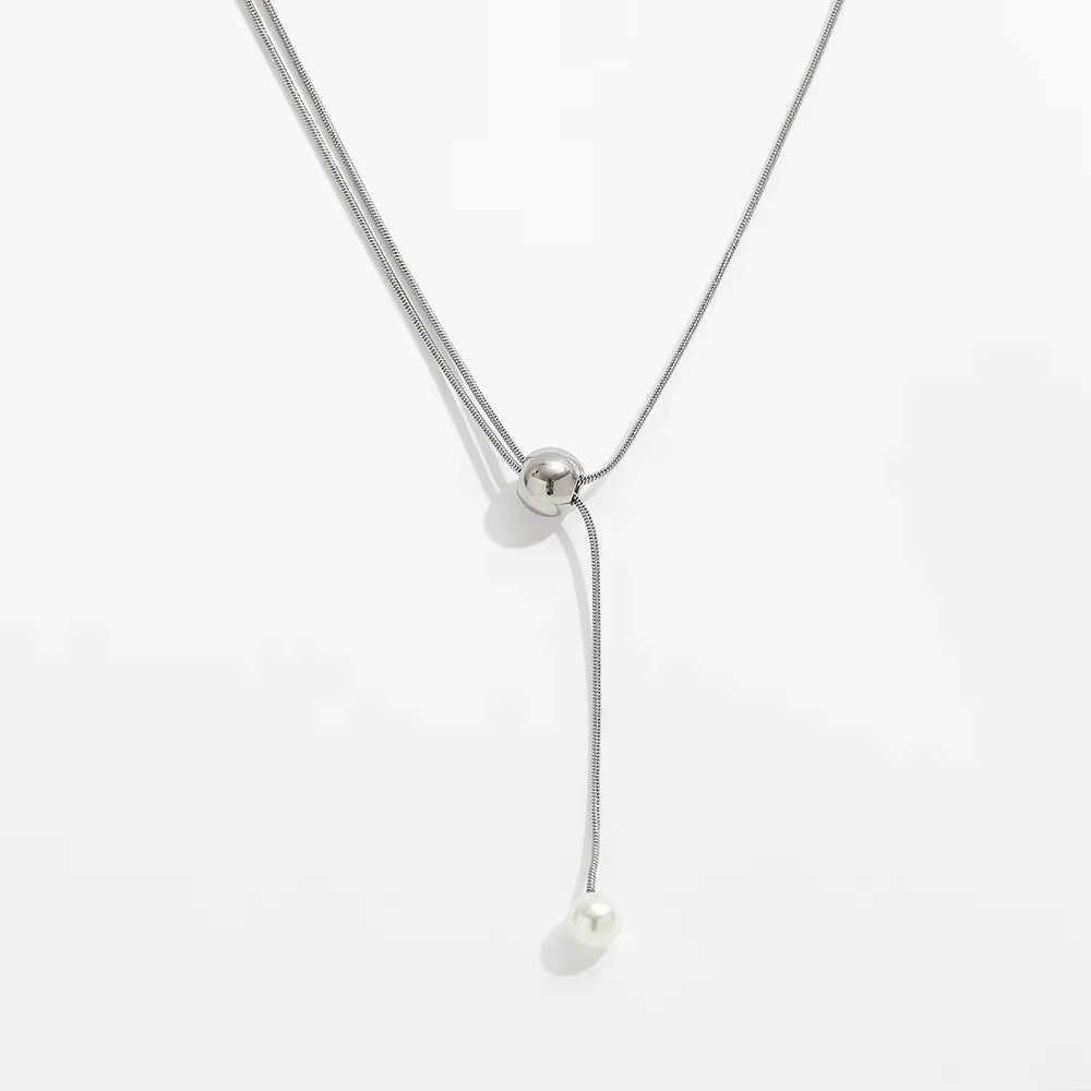 Joolim Snake Chain Pull-Out Type Adjustable Pearl Pendant Necklace Stainless Steel Lariat Necklace Jewelry Wholesale Drop Shippi