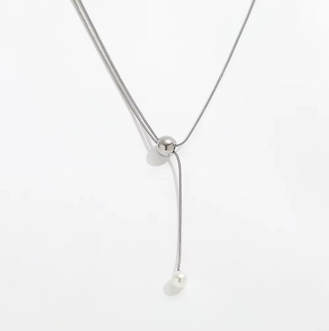 Joolim Snake Chain Pull-Out Type Adjustable Pearl Pendant Necklace Stainless Steel Lariat Necklace Jewelry Wholesale Drop Shippi