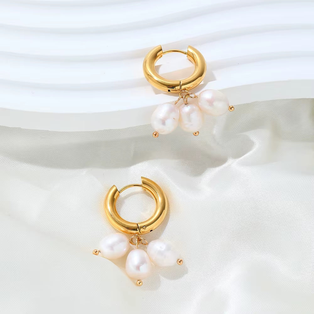18K Pvd Gold Plated High Quality Non Tarnish & Waterproof 3 Pearl Cluster Stainless Steel Hoop Earring for Women