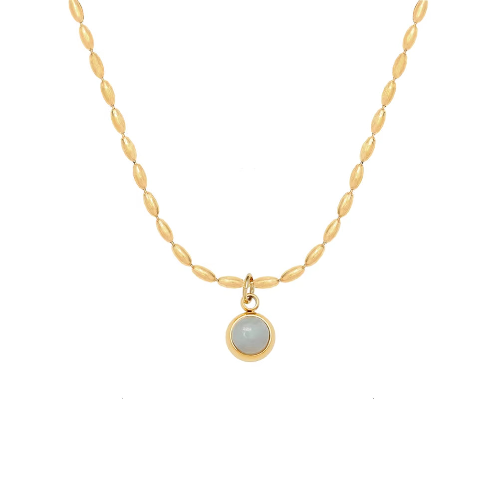 Joolim 18K Gold Plated Mung Bean round Natrual Stone Pendant Bead String Necklace Stainless Steel Tarnish Free Summer Jewelry