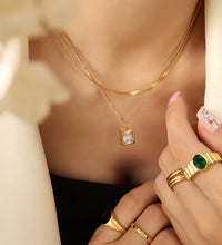 18K Gold Plated Double-Layer Herringbone Chain Square Zirconia Pendant Stainless Steel Choker Necklace Design Jewelry Wholesale