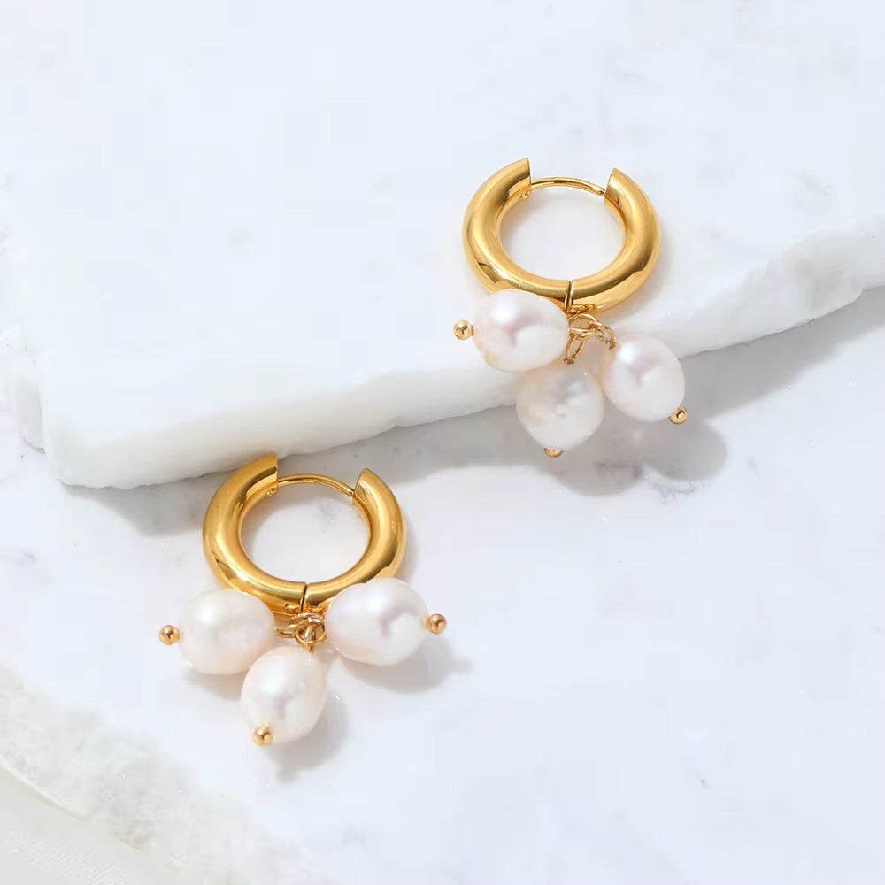 18K Pvd Gold Plated High Quality Non Tarnish & Waterproof 3 Pearl Cluster Stainless Steel Hoop Earring for Women