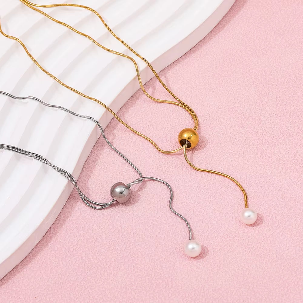 Joolim Snake Chain Pull-Out Type Adjustable Pearl Pendant Necklace Stainless Steel Lariat Necklace Jewelry Wholesale Drop Shippi
