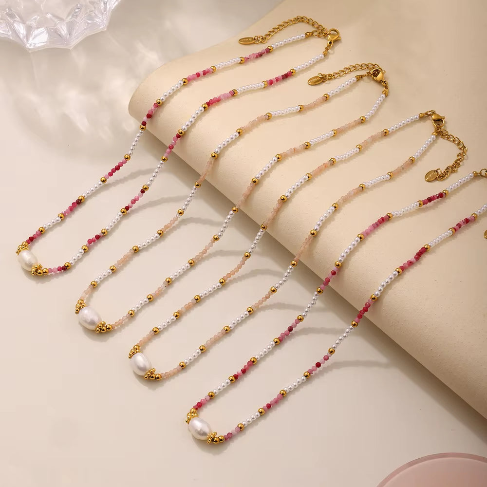 JOOLIM High End Stainless Steel Style Colorful Natural Stone Section Vintage Necklace 18K Gold Plated Jewelry Wholesale