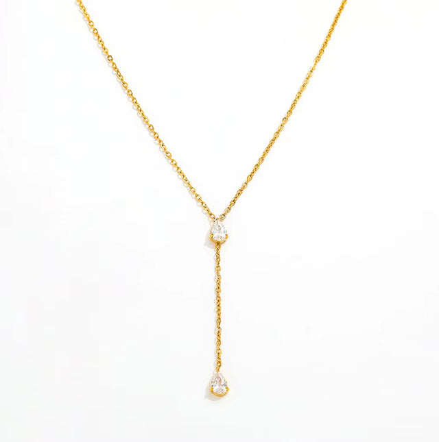 Joolim Jewelry 18K Gold Plated Stainless Steel Necklace Dainty Cubic Double Water Drop Zircon Y Tassel Trendy Parties Gifts