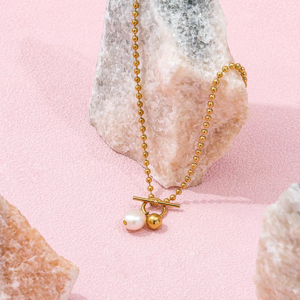 Joolim Jewelry 18K Gold Plated Fresh Water Pearl Pendant Toggle Bead Chain Necklace Stainless Steel Jewelry