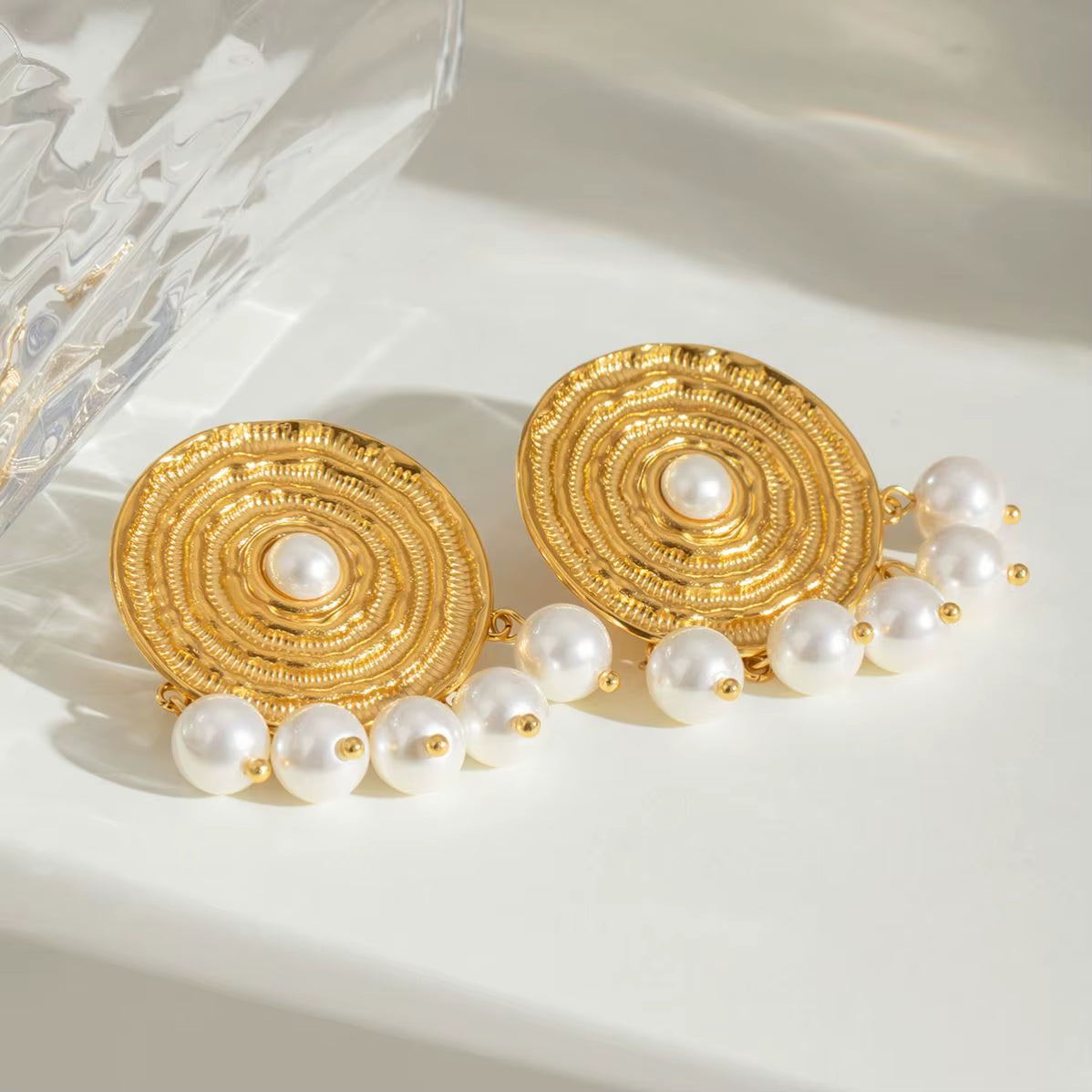 18K Gold Stainless Steel Faux Pearl round Textured Design Hoop Earrings Inspired by Classic Elegance