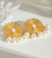 18K Gold Stainless Steel Faux Pearl round Textured Design Hoop Earrings Inspired by Classic Elegance