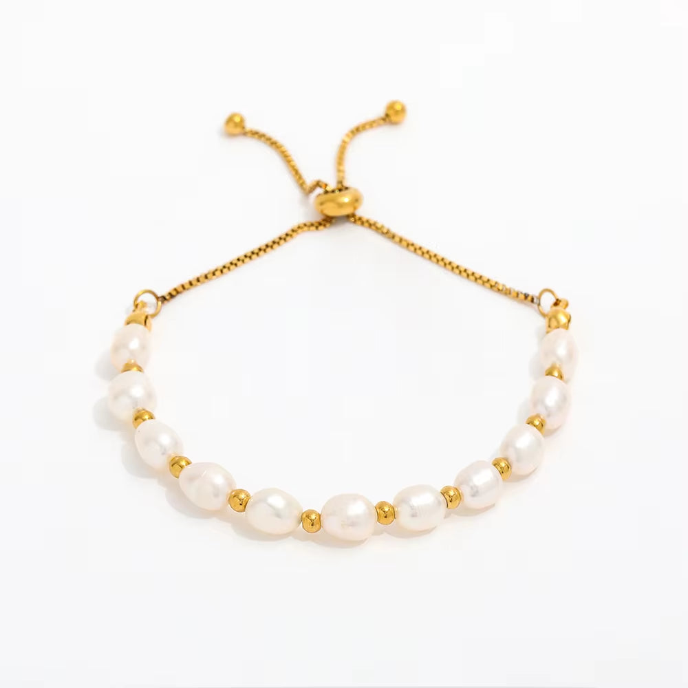 18K PVD Gold Plated Adjustable Real Fresh Water Pearl Adjustable Chain Stainless Steel Bracelet