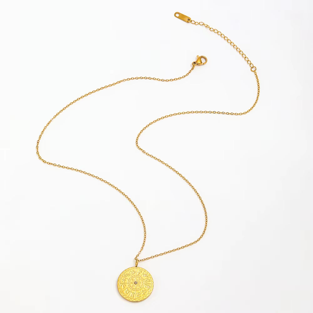 Joolim Jewelry 18K Gold Plated Vintage 12 Zodiac Coin Pendant Necklace Jewelry Wholesale Stainless Steel Necklaces
