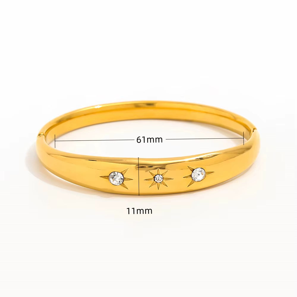 High End Stainless Steel Gold Plated Star Burst Zircon Eight - Pointed Star Openable Bangle Bracelet for Women Fashion Jewelry