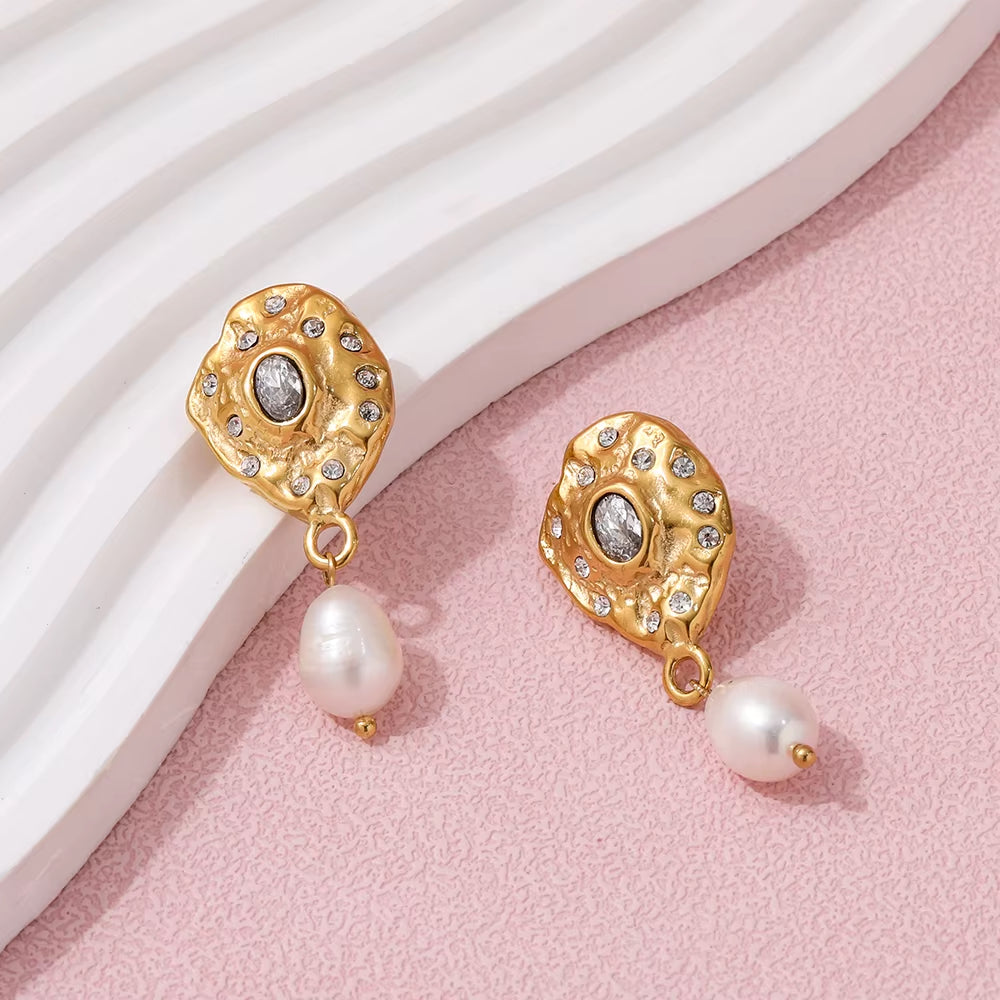 Trendy Earring 18K Gold Plated Zirconia Pave Fresh Water Pearl Pendant Stud Earring Stainless Steel Earrings Wholesale
