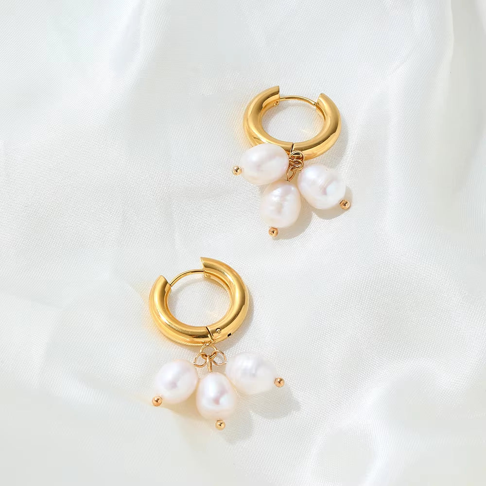18K Pvd Gold Plated High Quality Non Tarnish & Waterproof 3 Pearl Cluster Stainless Steel Hoop Earring for Women