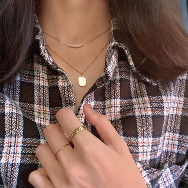 Joolim 18K Gold Plated Dainty White Rectangle Shell Pendant Necklace Stainless Steel Jewelry Wholesale