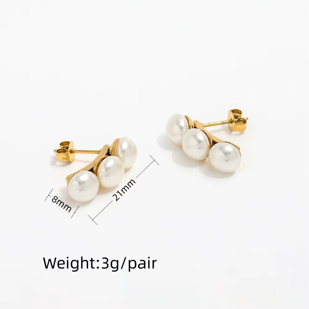 Trendy High Quality PVD 18K Gold Plated 3 Pearl Stud Earrings Stainless Steel Fashion Earring Wholesale