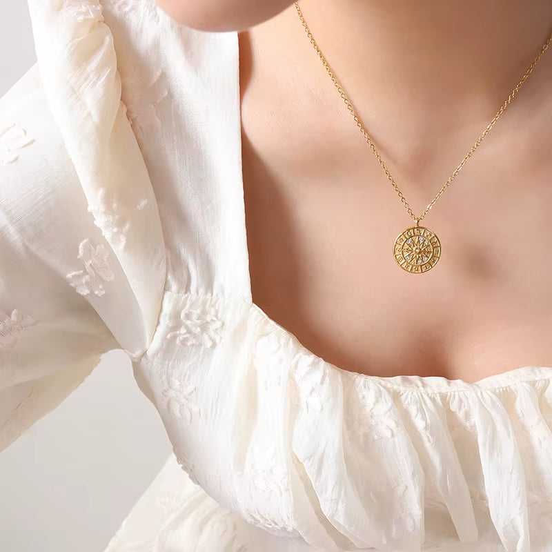 JOOLIM High End Stainless Steel Zirconia Zodiac Pointer Coin Pendant Necklace 18K Gold Plated Jewelry Wholesale