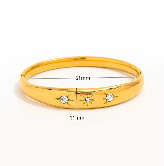 High End Stainless Steel Gold Plated Star Burst Zircon Eight - Pointed Star Openable Bangle Bracelet for Women Fashion Jewelry