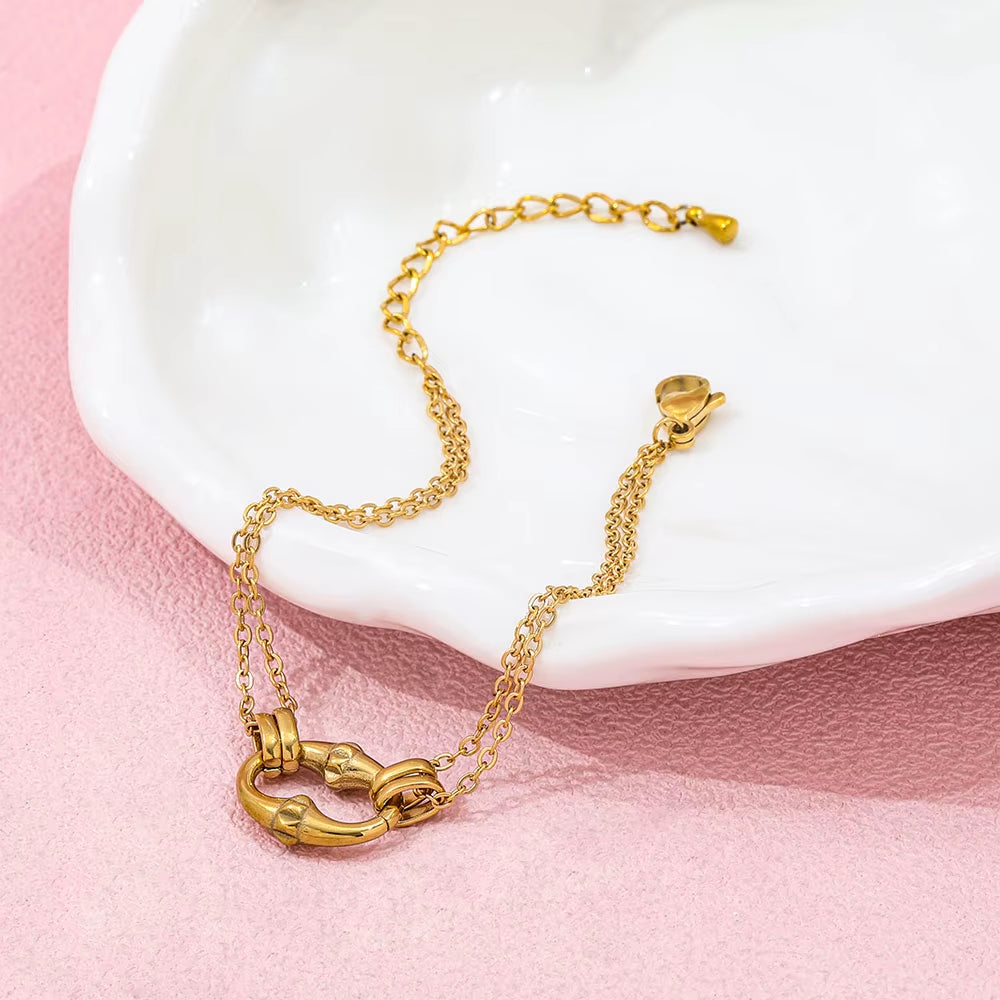 High End Gold Plated Stainless Steel Pig Snout Double-Layer Chain Bracelet for Women Wholesale Jewelry