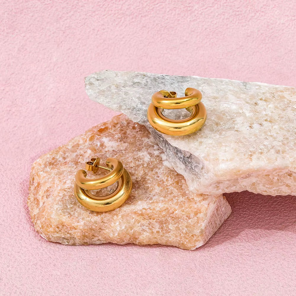 Joolim 18K Gold Plated Wholesale Waterproof&Tarnish Free Fashion Versatile Simple Double C Hoop Earring Stainless Steel Jewelry