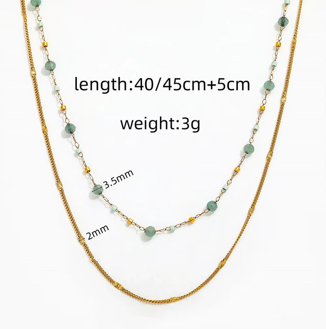 JOOLIM High End Stainless Steel Green Natrual Stone Double Layer Necklace 18K Gold Plated Jewelry Wholesale