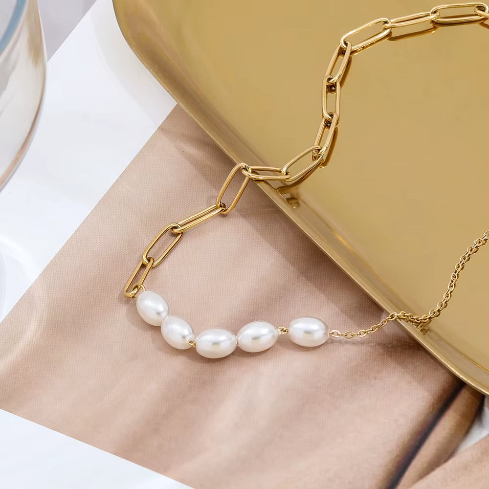 High End 18K Gold Plated Jewelry Wholesale Pearl Paper Pin Mixed Chain Necklace Asymmetric Stainless Steel Fashion Jewelry