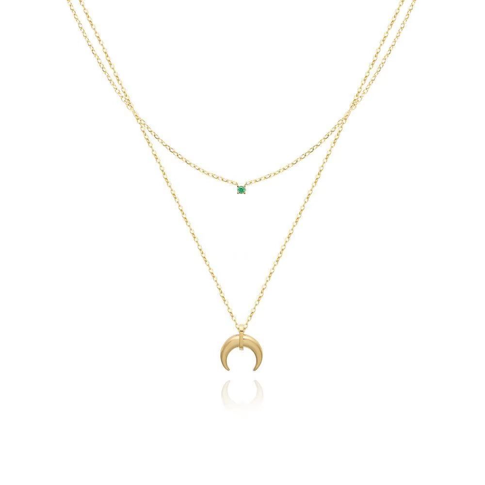 JOOLIM Ready to Ship High End 18K Gold Plated Stainless Steel Jewelry Double-Layer Crescent Green Zirconia Necklace