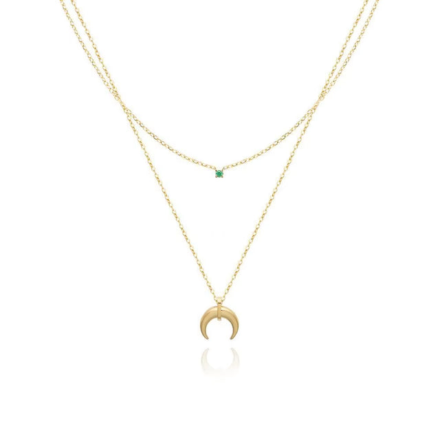 JOOLIM Ready to Ship High End 18K Gold Plated Stainless Steel Jewelry Double-Layer Crescent Green Zirconia Necklace