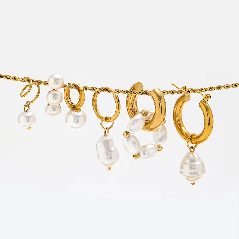 High End PVD 18K Gold Plated Waterproof Pearl String Pendant Chunky Huggie Earrings Stainless Steel Jewelry Wholesale