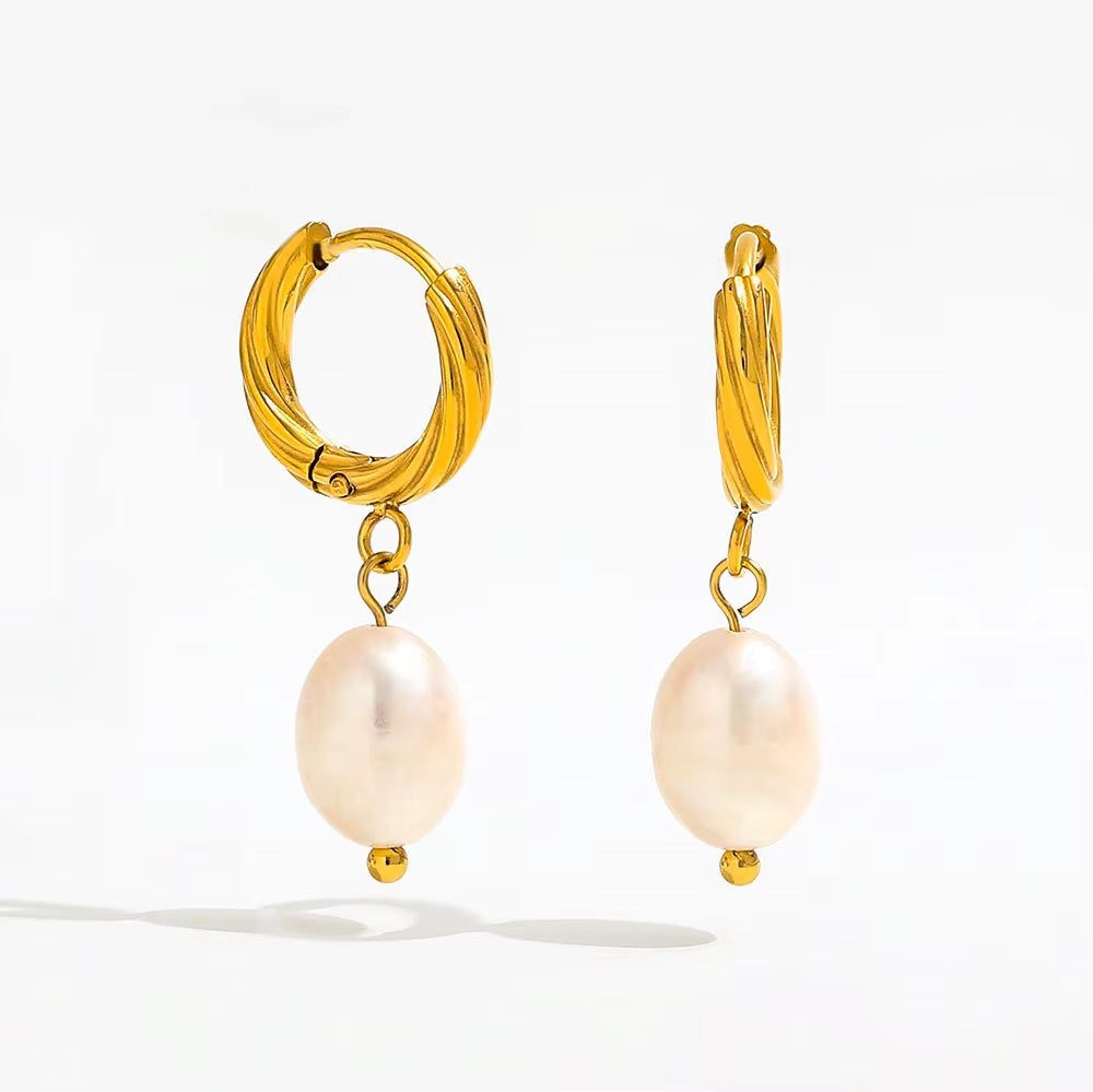 Trendy Earring 18K Gold Plated Imitation Pearl Dangle Twist Huggie Hoop Earring Stainless Steel Jewelry Wholesale