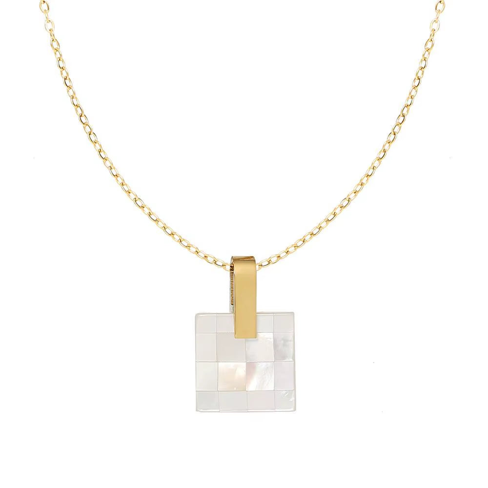 Joolim Jewelry 18K Gold Plated Mosaic Checkered Shell Square Pendant Necklace Stainless Steel Jewelry Wholesale Tarnish Free