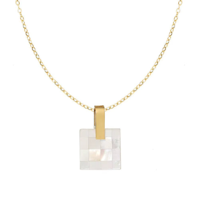 Joolim Jewelry 18K Gold Plated Mosaic Checkered Shell Square Pendant Necklace Stainless Steel Jewelry Wholesale Tarnish Free