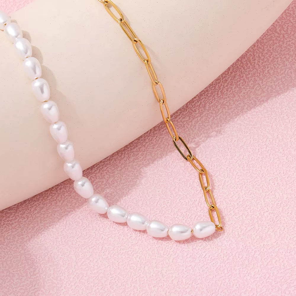 Waterproof & Tarnish Free 18K Gold Plated Paper Clip Freshwater Pearl Joint Necklace Trendy Stainless Steel Jewelry Wholesale