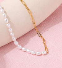 Waterproof & Tarnish Free 18K Gold Plated Paper Clip Freshwater Pearl Joint Necklace Trendy Stainless Steel Jewelry Wholesale
