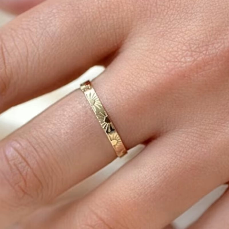 Joolim Jewelry Wholesale 18K Gold Plated Sun Burst Narrow Band Stainless Steel Ring for Women Statement Ring