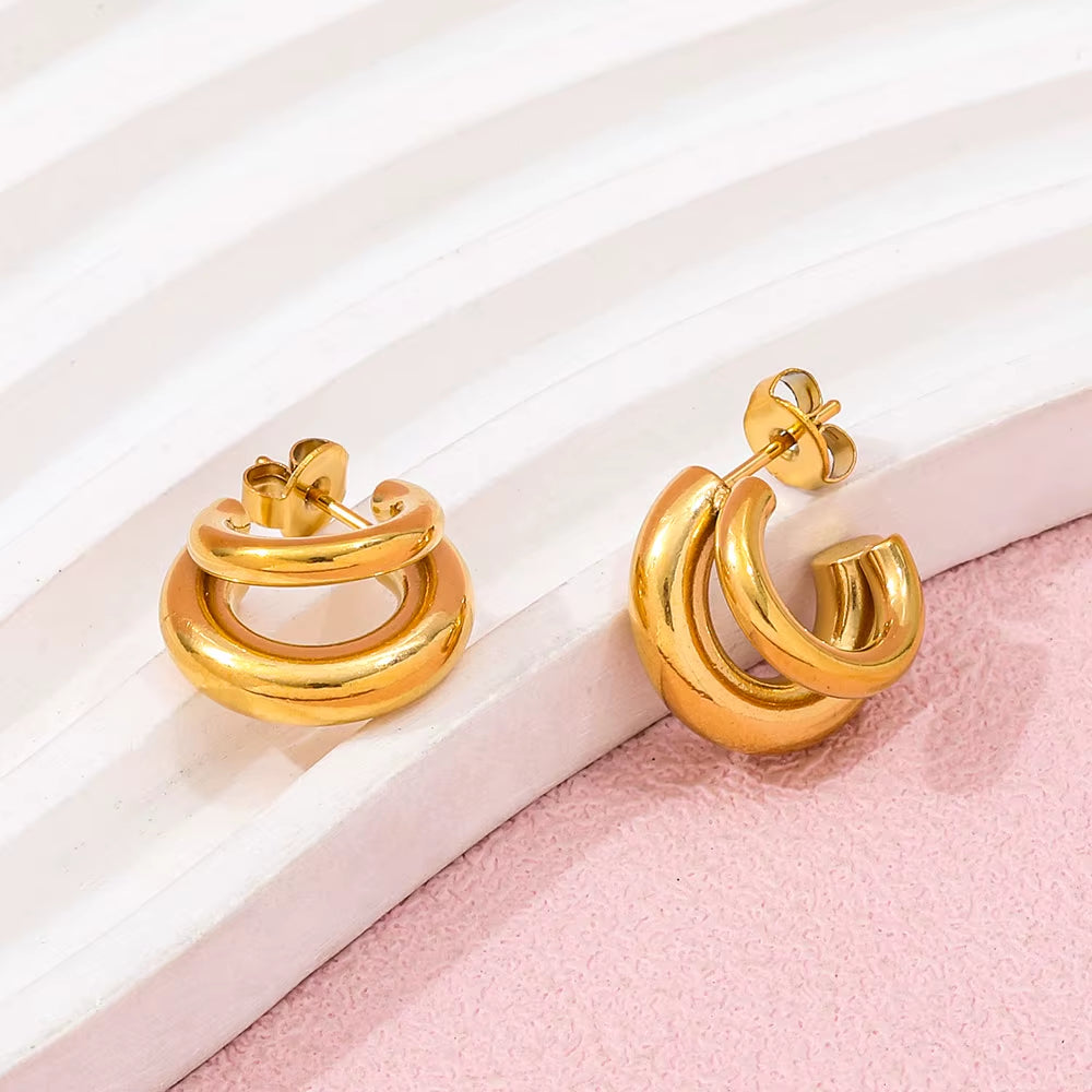 Joolim 18K Gold Plated Wholesale Waterproof&Tarnish Free Fashion Versatile Simple Double C Hoop Earring Stainless Steel Jewelry