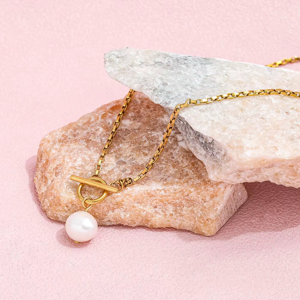 Joolim Jewelry 18K Gold Plated Fresh Water Pearl Pendant Toggle Chain Necklace Stainless Steel Jewelry