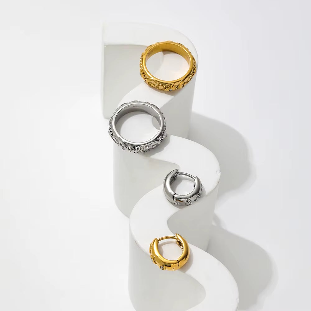 Joolim JLR0131 High-End 18K Gold Plated Cubic Zirconia Stainless Steel Rings Antique Vintage Retro Style Moon Star Trendy