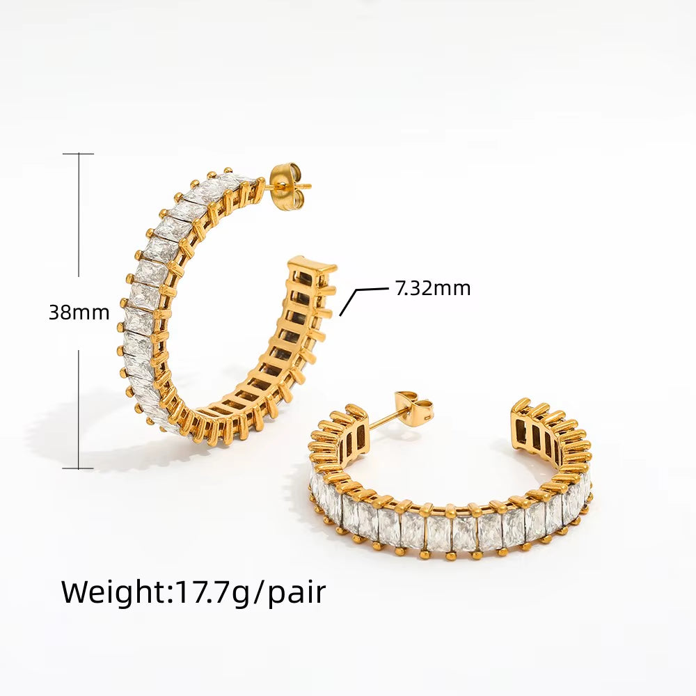 Luxury High Quality CZ Pave Party Chunky Big Crystal Hoop Earring Stainless Steel Jewelry