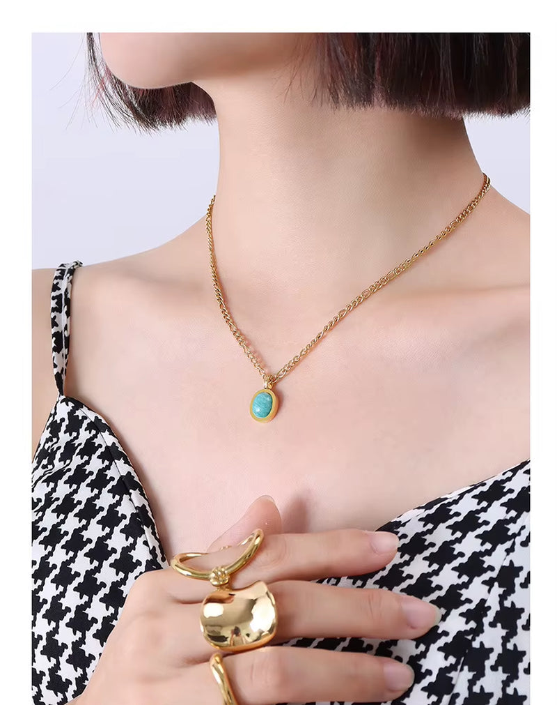 Joolim Jewelry 18K Gold Plated Blue Natural Stone Pendant Necklace Figaro Chain Necklace Trendy Stainless Steel