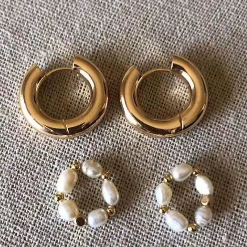 High End PVD 18K Gold Plated Waterproof Pearl String Pendant Chunky Huggie Earrings Stainless Steel Jewelry Wholesale