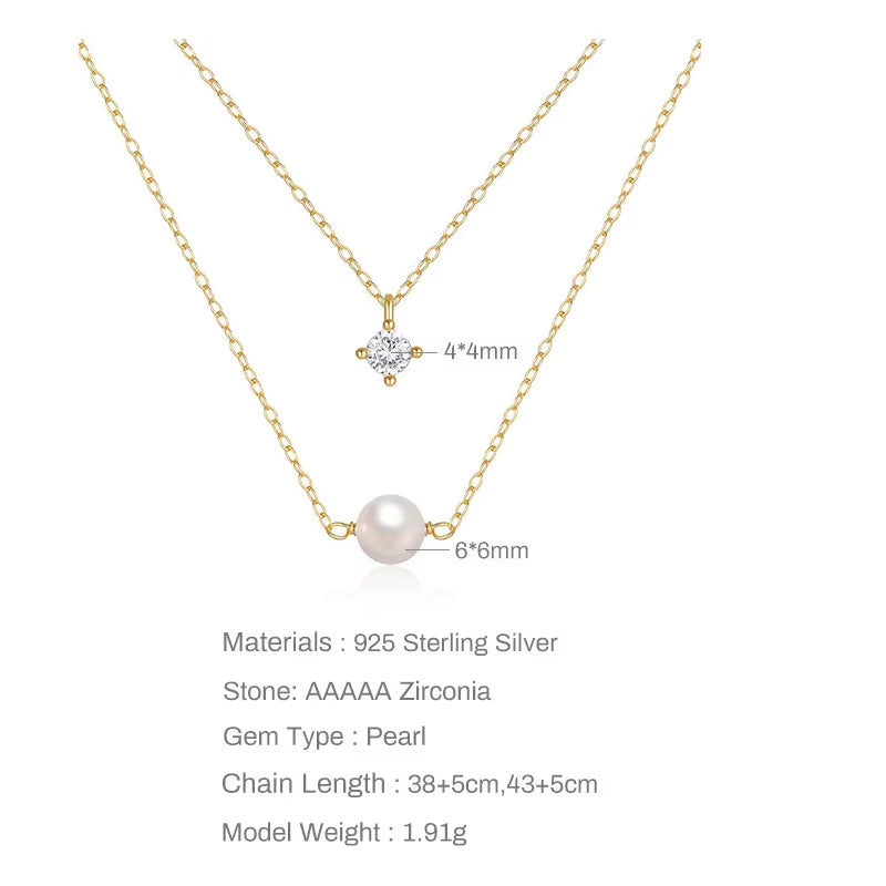 925 Sterling Silver 4 Claws round Single Zirconia Pearl Pendant Double-Layer Necklace Mini Style Silver Fashion Jewelry