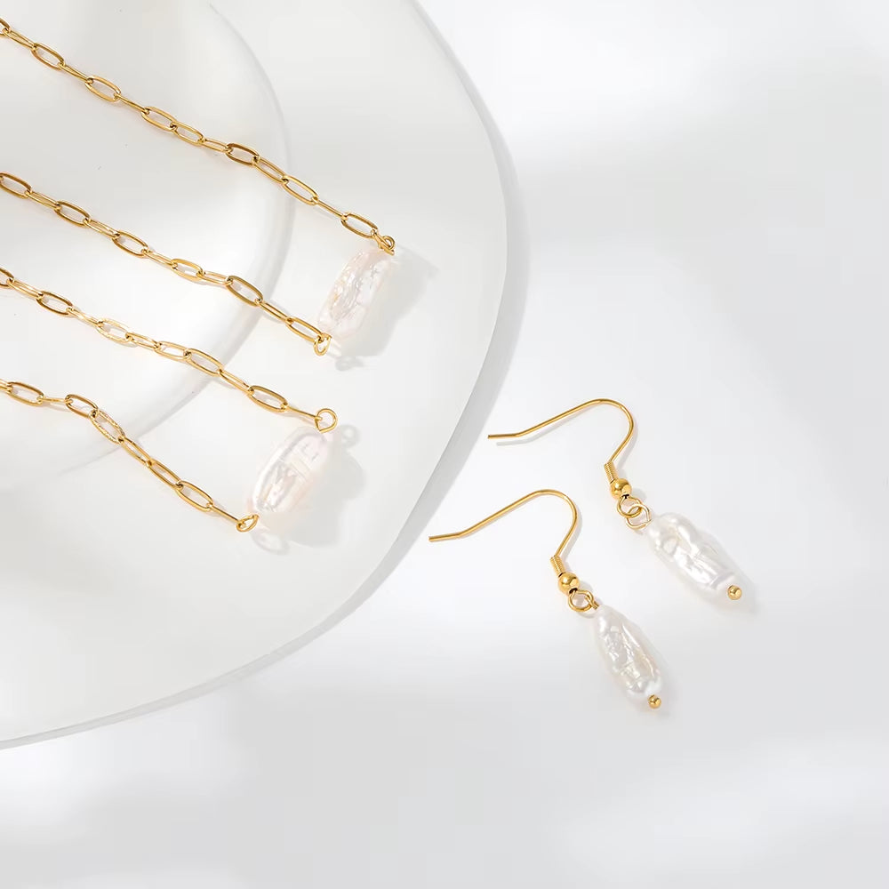 Joolim 18K Gold Plated Irregular Real Natural Freshwater Pearl Stainless Steel Paper Pin Necklace Bracelet Earring Jewelry Set