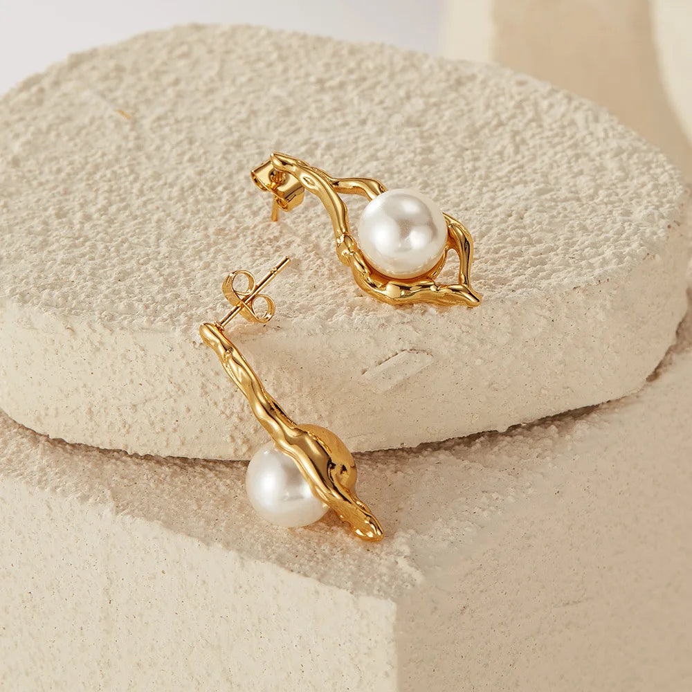  18K Gold Plated Anti-Tarnish Stainless Steel Geometric Pearl Stud Earrings for Women