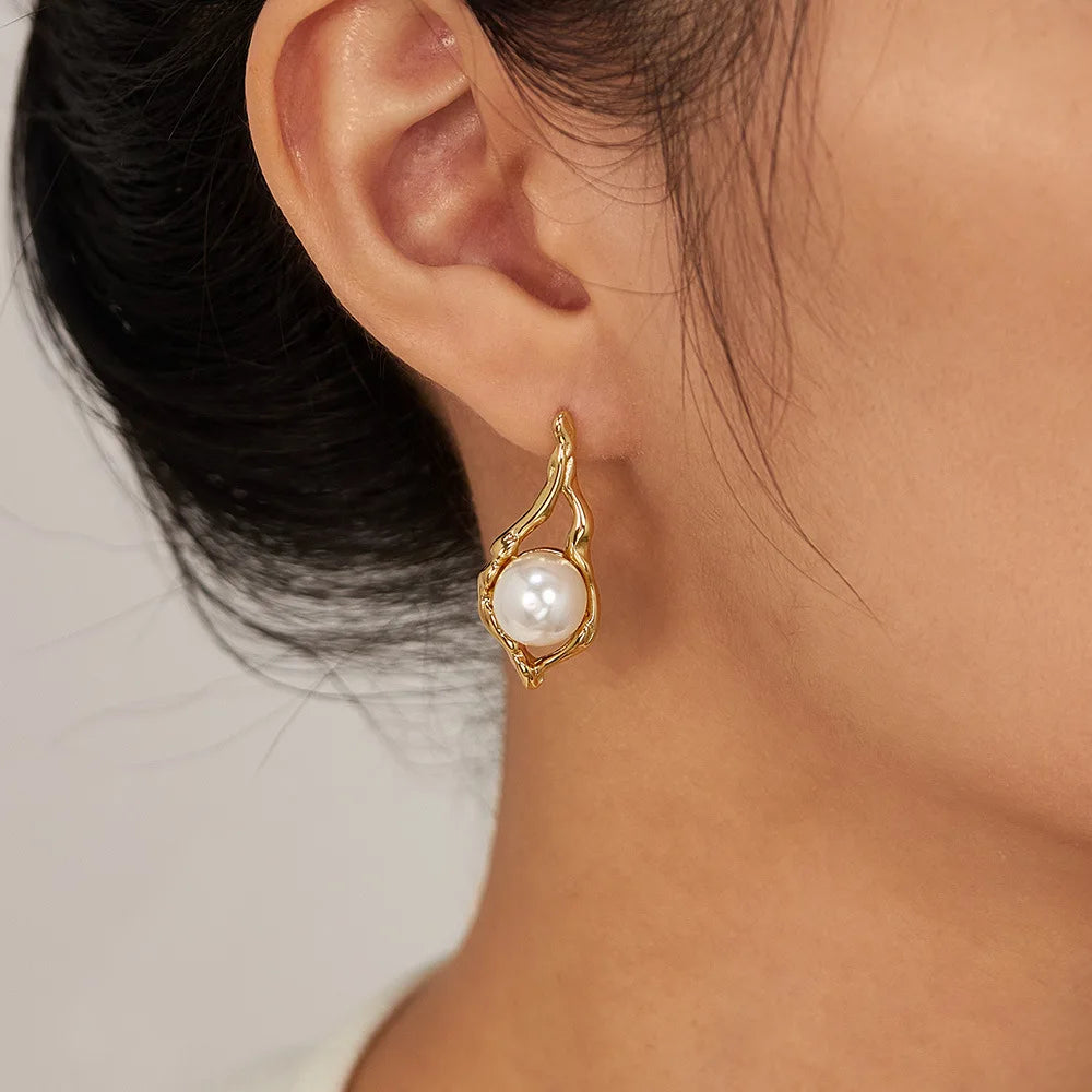  18K Gold Plated Anti-Tarnish Stainless Steel Geometric Pearl Stud Earrings for Women