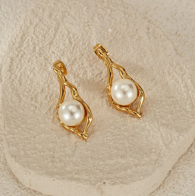  18K Gold Plated Anti-Tarnish Stainless Steel Geometric Pearl Stud Earrings for Women